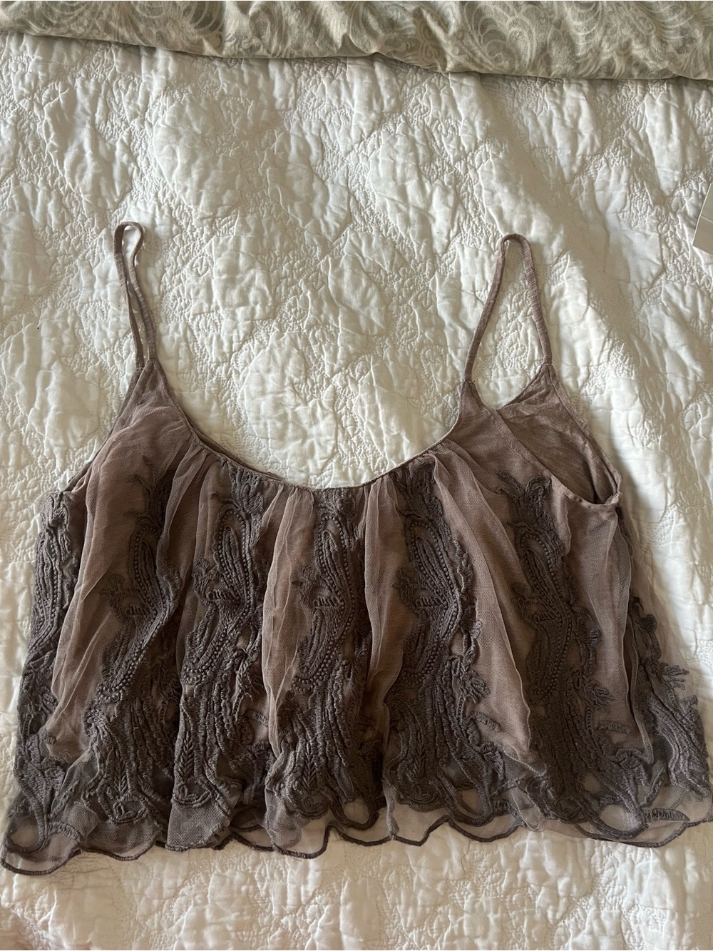 Kimchi Blue Sheer Embroidered Spaghetti-Strap CropTop - Brown